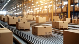 Delivery boxes on a conveyor belt in a warehouse optimizing high-volume fulfillment solutions