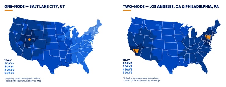 Two U.S. maps, one with a single warehouse node in Salt Lake City and the other with two warehouse nodes in Los Angeles and Philadelphia, showing the comparison of approximate shipping zones covered in 1-3 days via FedEx ground shipping.