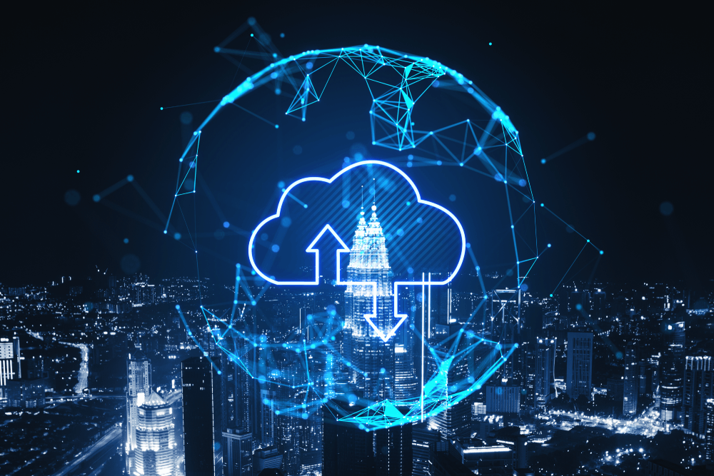 Cloud Computing Overlayed on Cityscape - Smart Warehousing